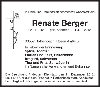 Traueranzeige von Renate Berger von Pegnitz-Zeitung